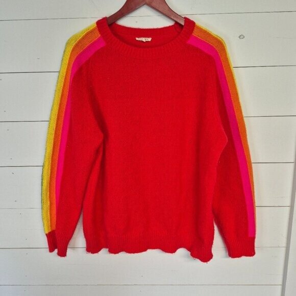 Jodifl Red Knit Sweater With Rainbow Striped Sleeves Womens Medium - Picture 1 of 4
